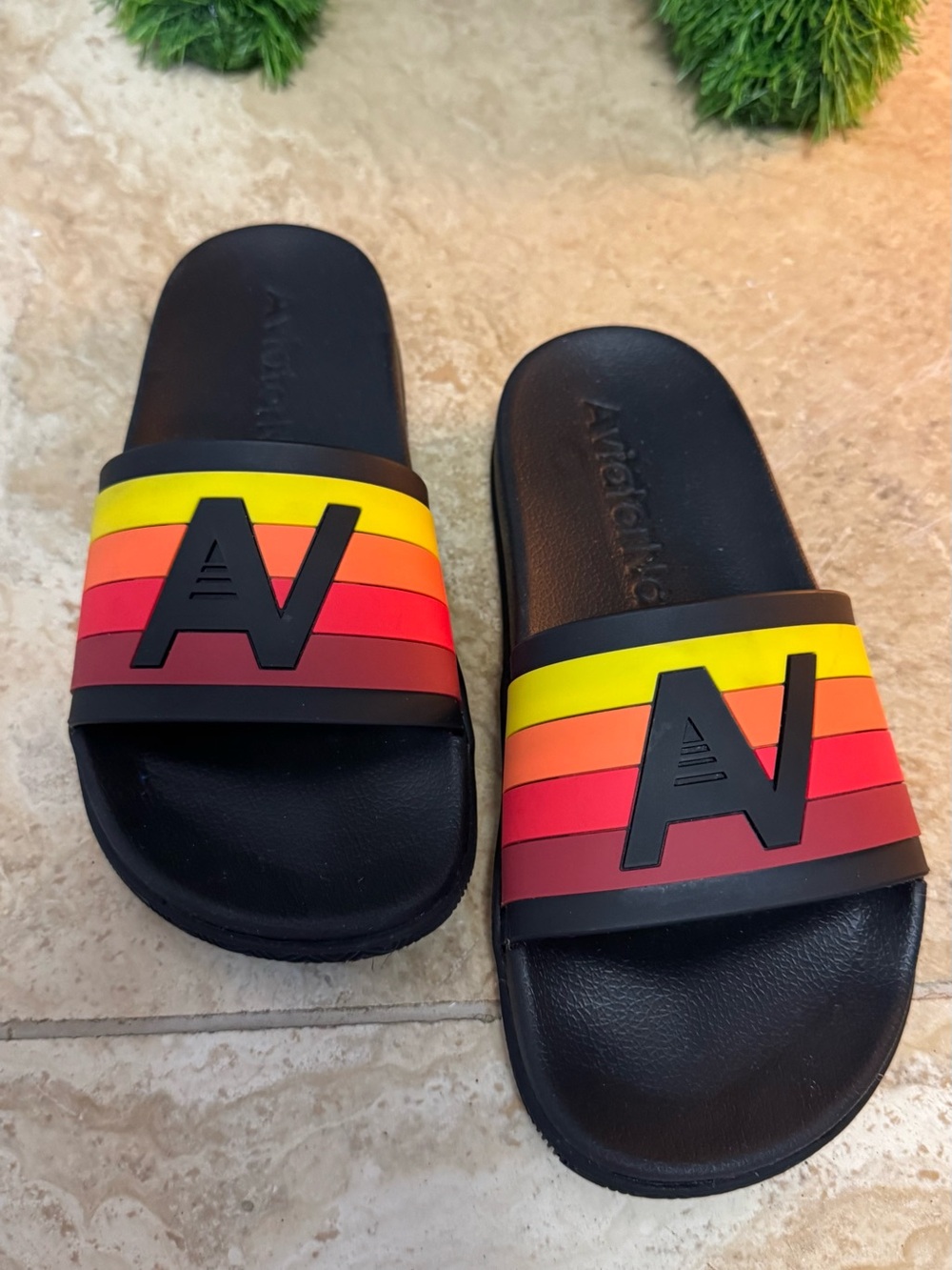 Aviator Nation Black Slides with Red-Orange-Yellow Stripe - Picture 7 of 8